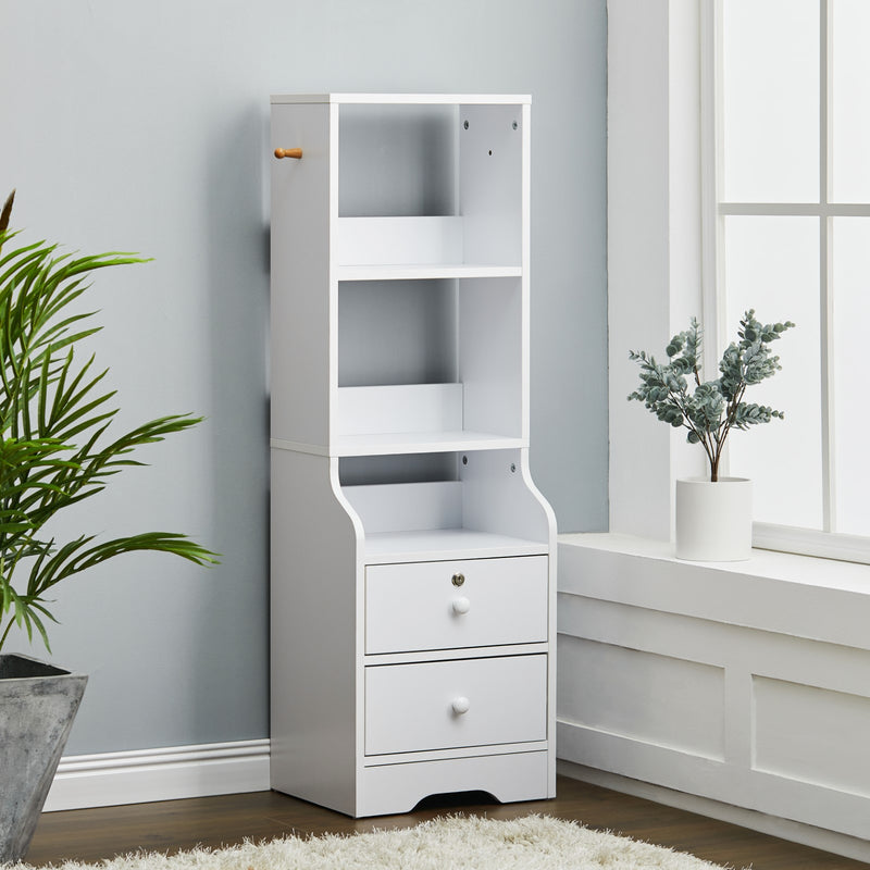 Livingandhome White Slim Storage Shelving Unit with Lockable Drawer