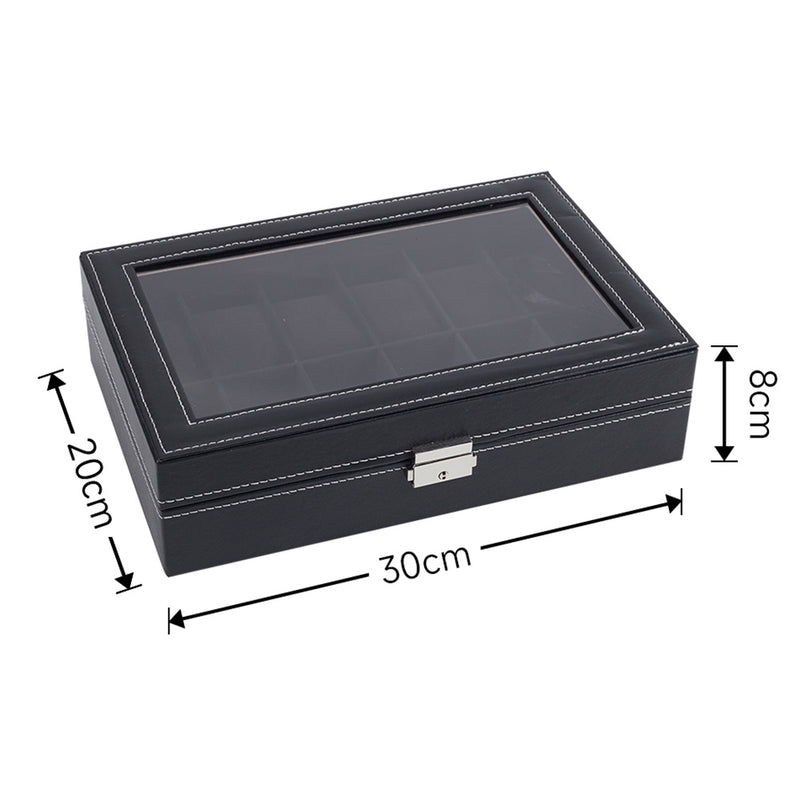 Sheonly 12-Slot Black Synthetic Leather Watch Display Box with Glass Lid