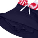 Tummy Control One-Piece Swimsuit Swim Dress Navy Blue & Red Stripe
