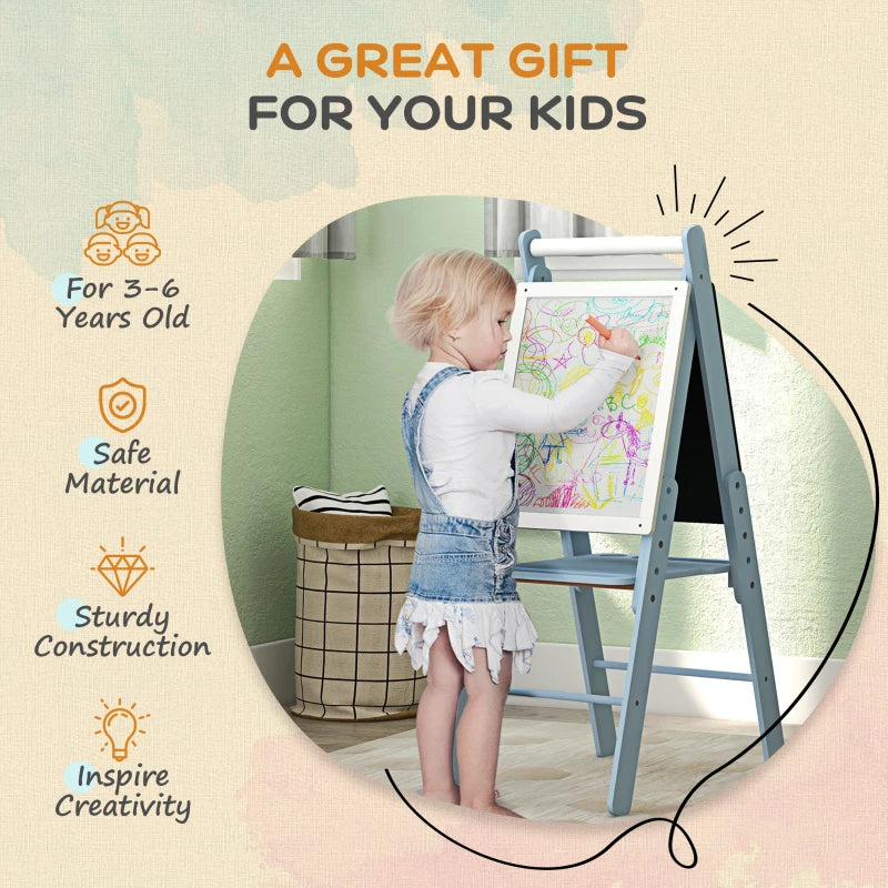 AIYAPLAY Easel with Paper Roll, Whiteboard & Blackboard