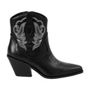 Embroidered Pointed Toe Cowboy Ankle Boots With Block Heel - Black