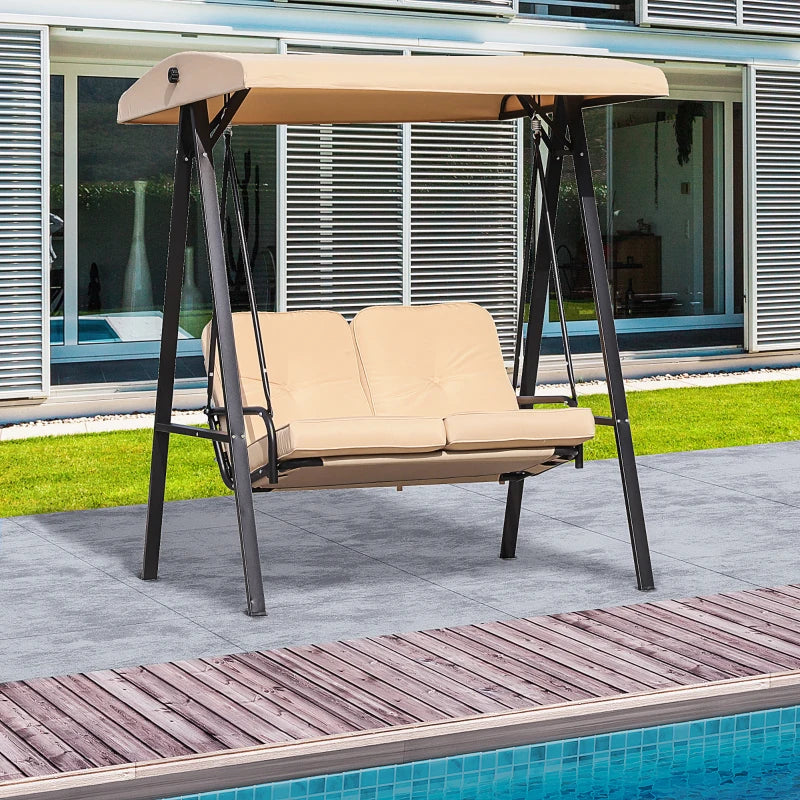 Outsunny 2 Seater Garden Outdoor Swing Chair Lounger Hammock Bench w/ Steel Frame Cushions Adjustable Tilting Canopy Patio Beige