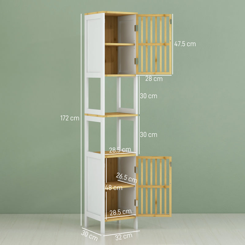 HOMCOM Tall Bathroom Cabinet Bamboo Bathroom Cupboard with Adjustable Shelves