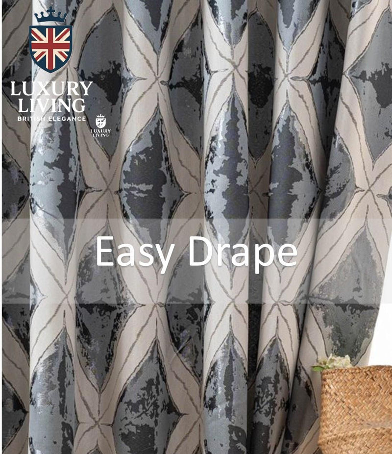 Luxury Diamond Jacquard Fully Lined Ring Top Curtains with Metallic Thread Charcoal/Silver