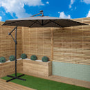 Outdoor 4 Person Round Glass Top Garden Dining Table Chairs With Grey Banana Lit Parasol and Base Set