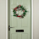 45cm Hanging Christmas Wreath with Red Berries and Frosted Pinecones