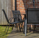 Outdoor 6 Person Rectangular Glass Top Garden Dining Table Chairs With Black Parasol and Base Set