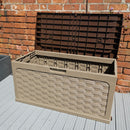 335 Litre Dark Brown Rattan Effect Garden Storage Box With Sit On Lid