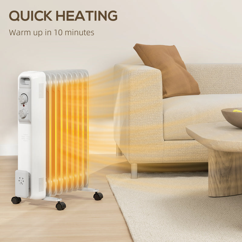 HOMCOM White 2000W 9 Fin Oil Filled Heater Radiator for Home