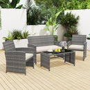 4 Piece Patio Conversation Set Rattan Chair Loveseat and Table Set with Seat Cushions-White