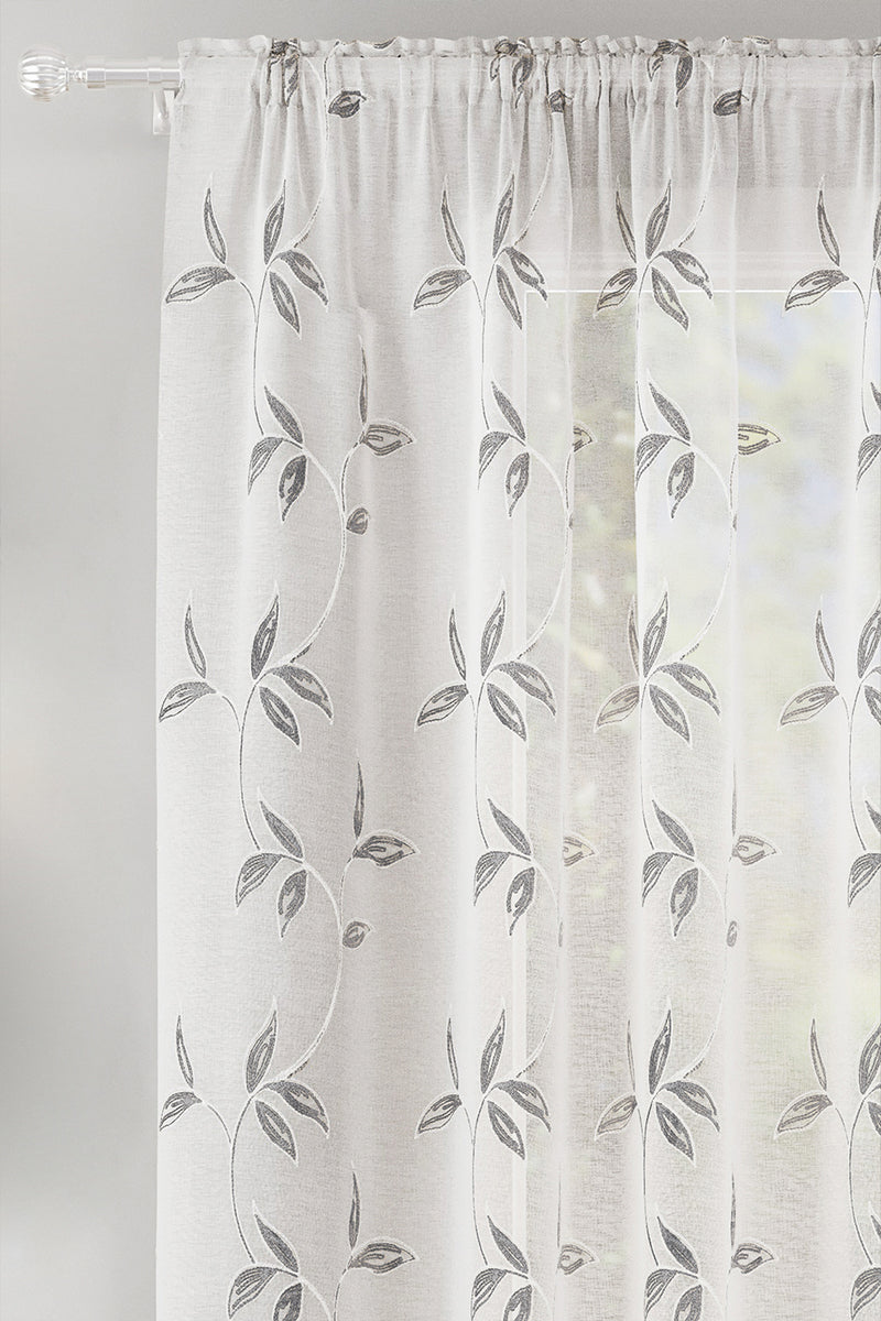 Oasis Grey Embroidered Leaf Design Voile Panels - Pair