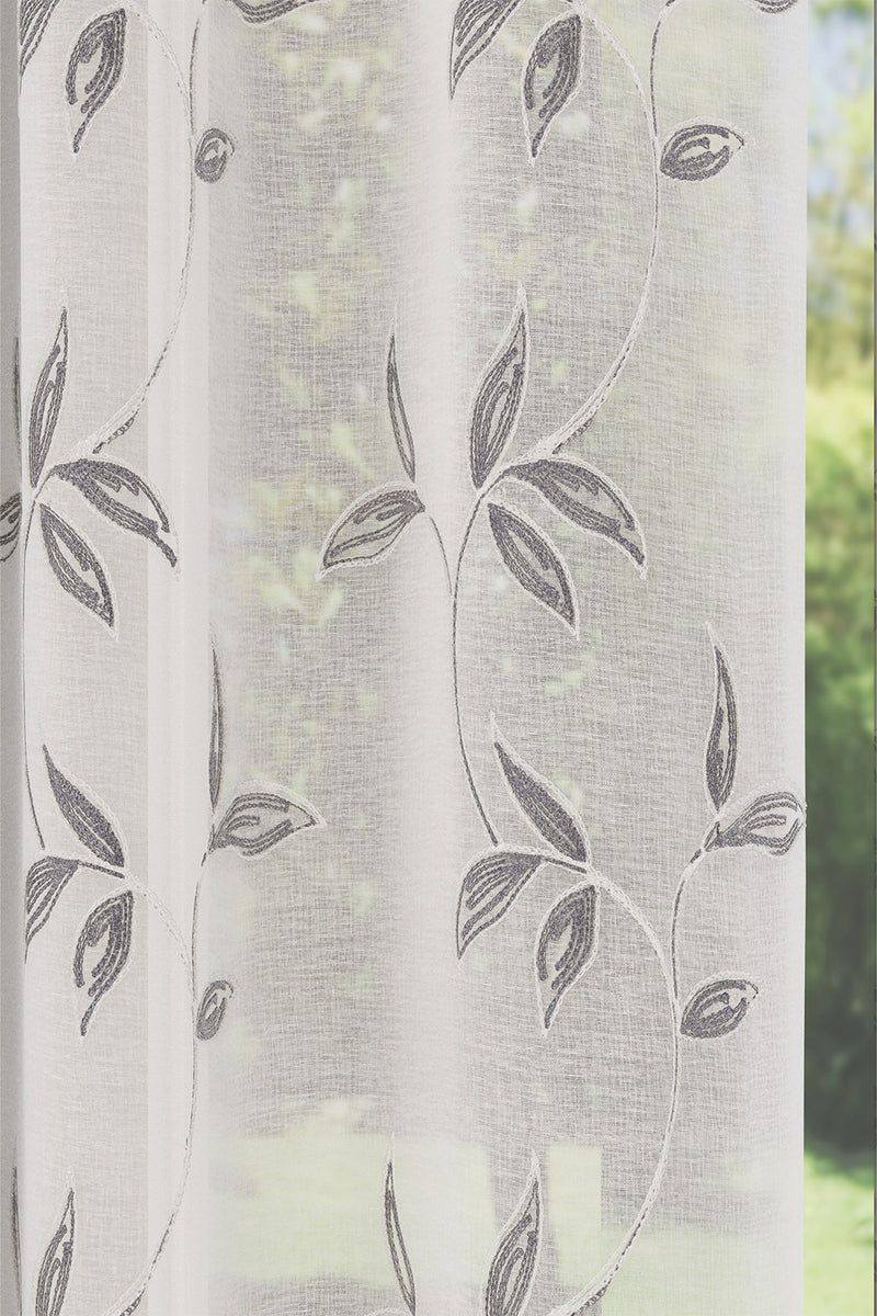 Oasis Grey Embroidered Leaf Design Voile Panels - Pair