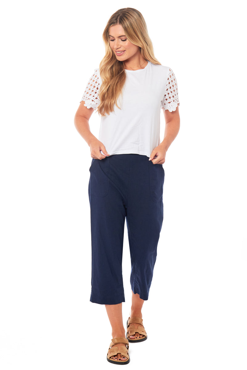 Ladies Linen 3/4 Pants -Navy