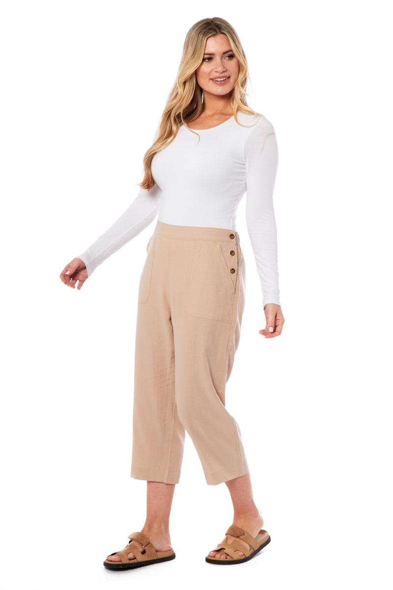 Ladies Linen 3/4 Trousers - Stone