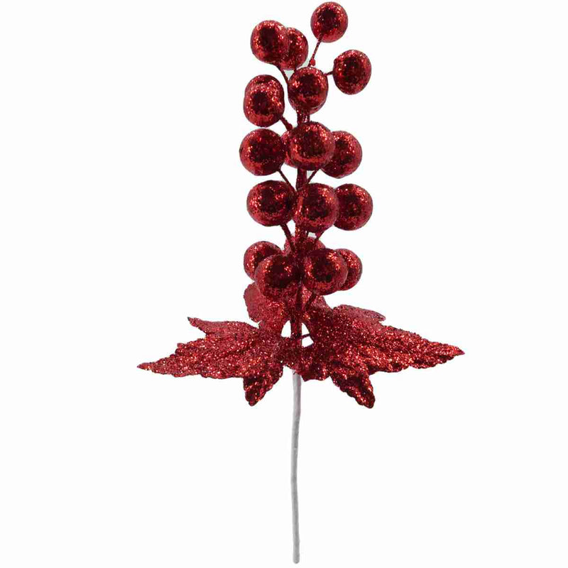 Christmas Sparkle Glittered Grape Stem Pick 28cm - Red