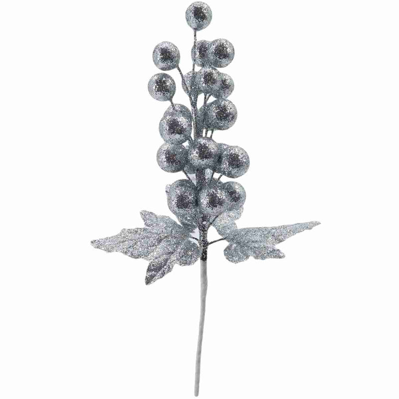 Christmas Sparkle Glittered Grape Stem Pick 28cm - Silver