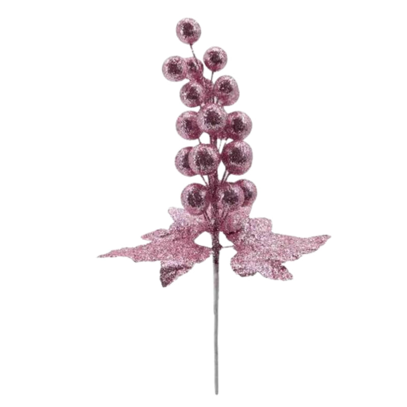 Christmas Sparkle Glittered Grape Stem Pick 28cm - Pink