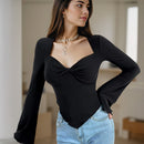 V-Neck Twist Front Top With Long Bell Sleeves - Black