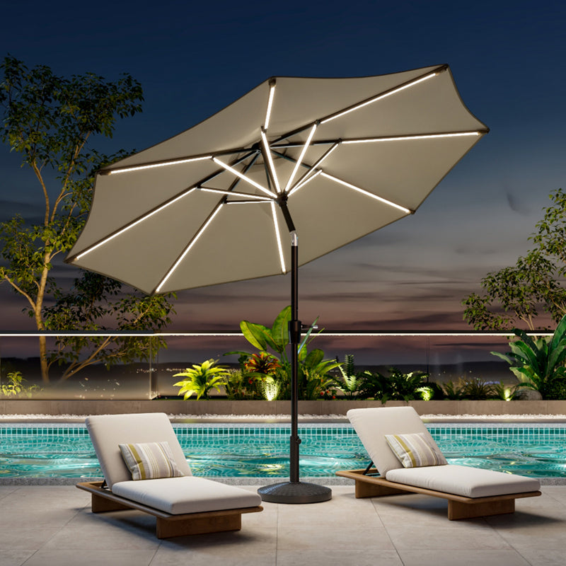Garden Sanctuary Large Solar Powered LED Patio Umbrella for Outdoor Garden Patio with Base