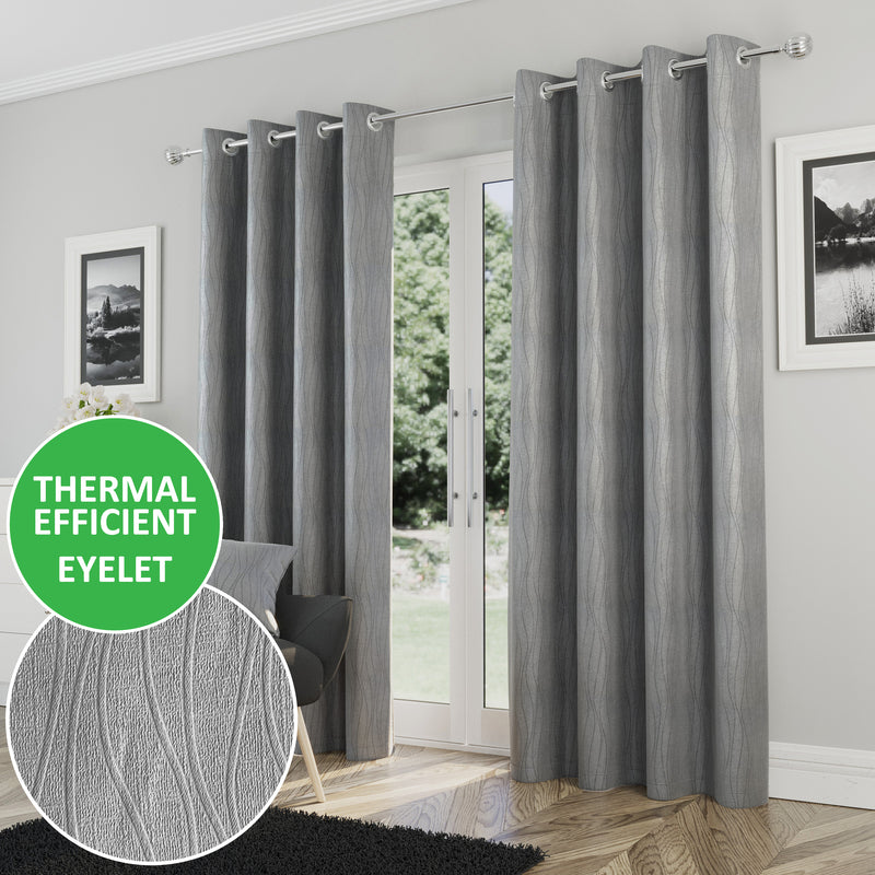 Enhanced Living Goodwood Silver Thermal, Energy Saving, Dimout Eyelet Curtains with Wave Pattern - Pair