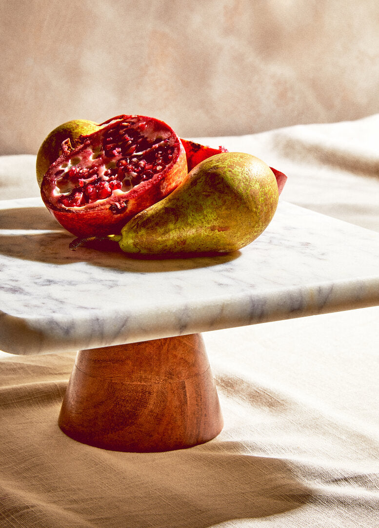 Monzaro White Marble And Acacia Wood Cake Stand