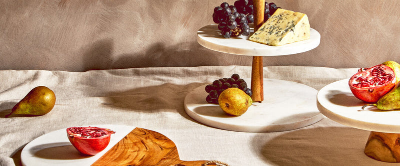 Monzaro Round White Marble And Acacia Wood Cake Stand