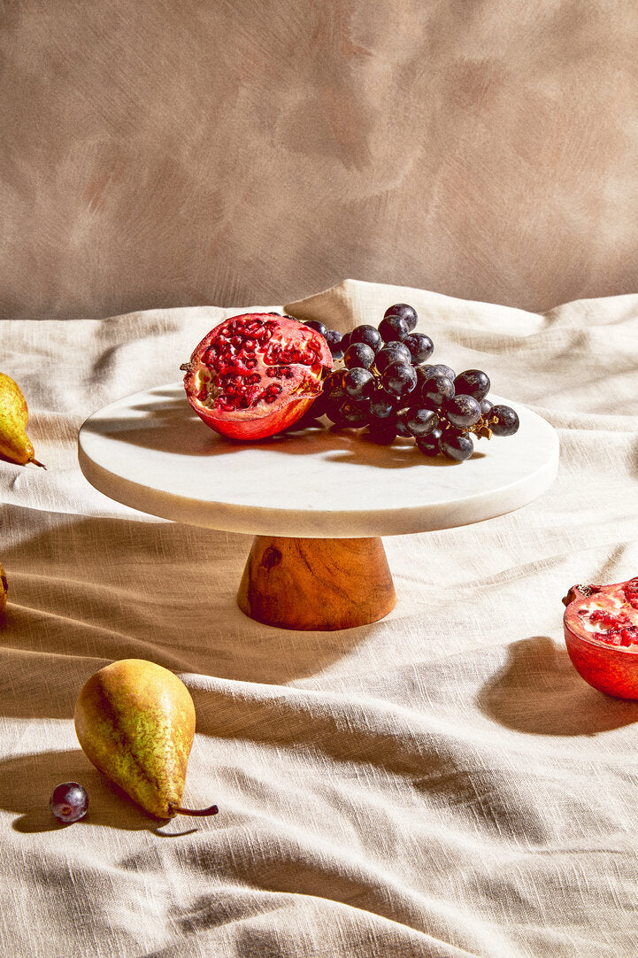 Monzaro Round White Marble And Acacia Wood Cake Stand