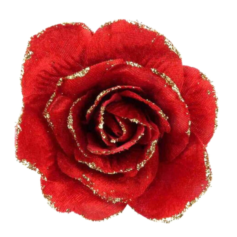 Christmas Sparkle Rose Clip Decoration on Pick Small 12cm - Red