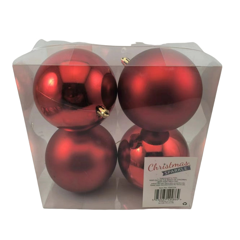 Christmas Sparkle Pack of 4 Shatterproof 10cm Baubles - 2 x Matt, 2 x Shiny in Red