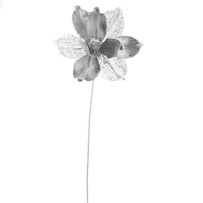 Christmas Sparkle Magnolia Flower Stem Pick Artificial - Silver