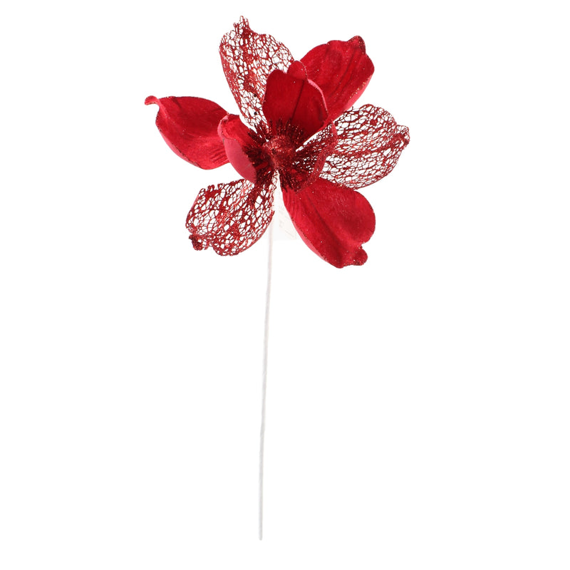 Christmas Sparkle Magnolia Flower Stem Pick Artificial - Red