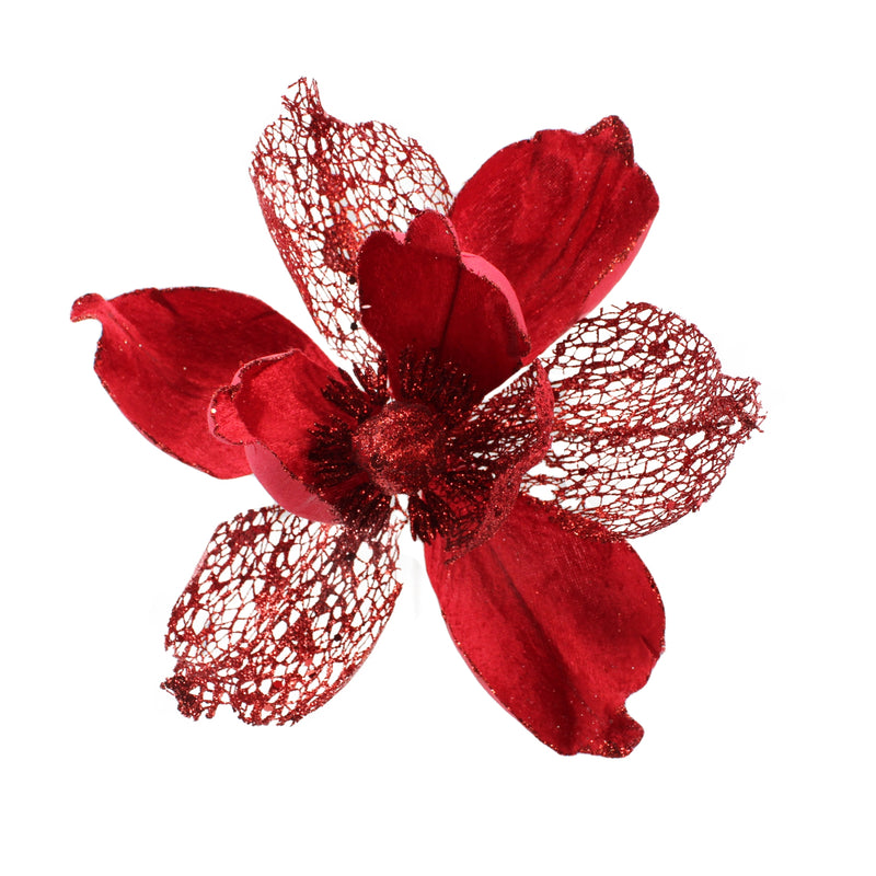 Christmas Sparkle Magnolia Flower Stem Pick Artificial - Red