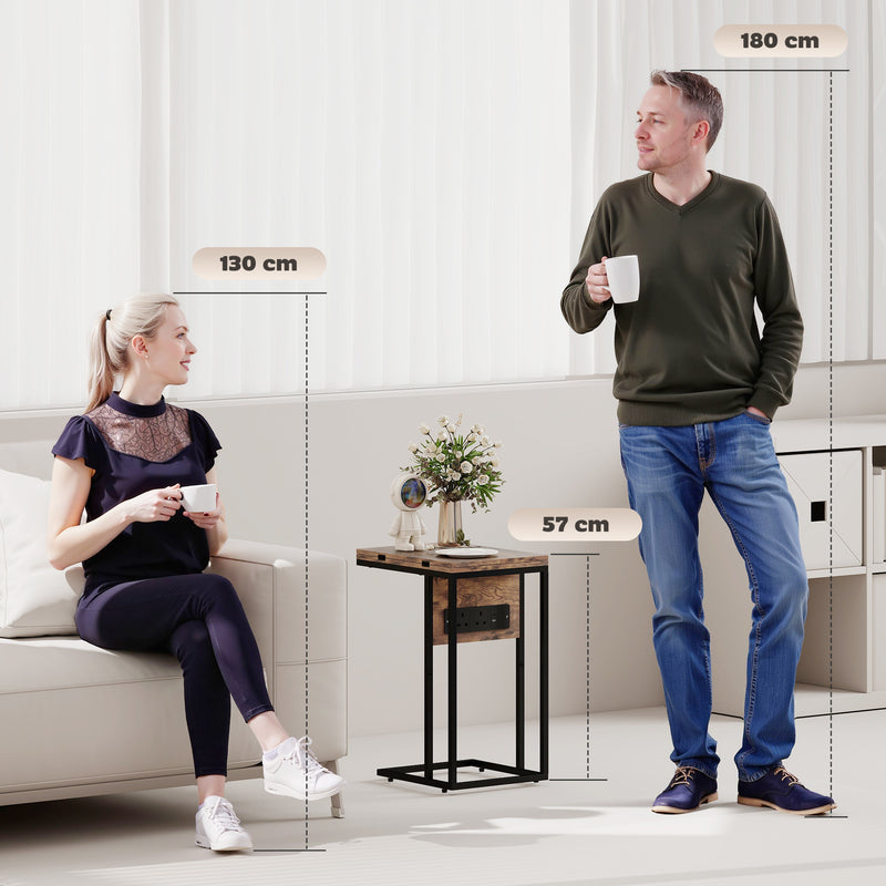 HOMCOM C Shaped Side Table with Charging Station and Foldable Top