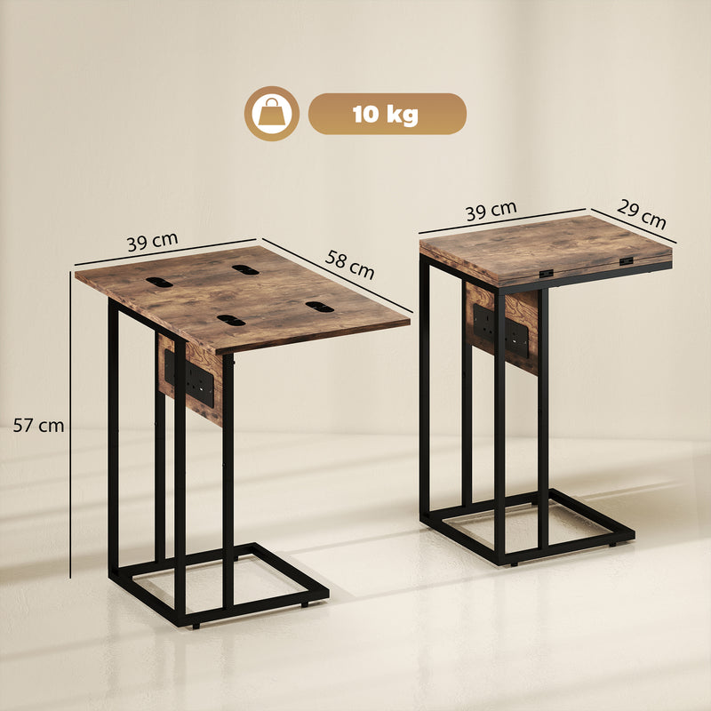 HOMCOM C Shaped Side Table with Charging Station and Foldable Top