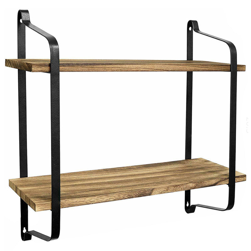 Livingandhome 2-Tier Industrial Wall Mounted Metal and Wood Floating Shelf