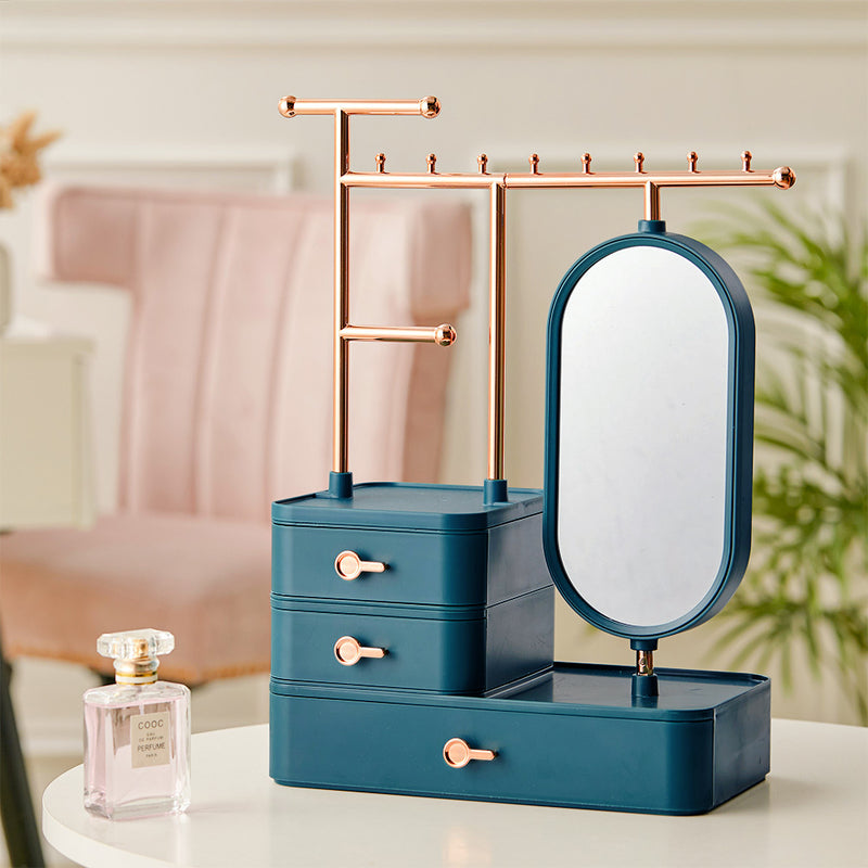 Sheonly Jewelry Organizer with Rotating Mirror and Makeup Storage Box