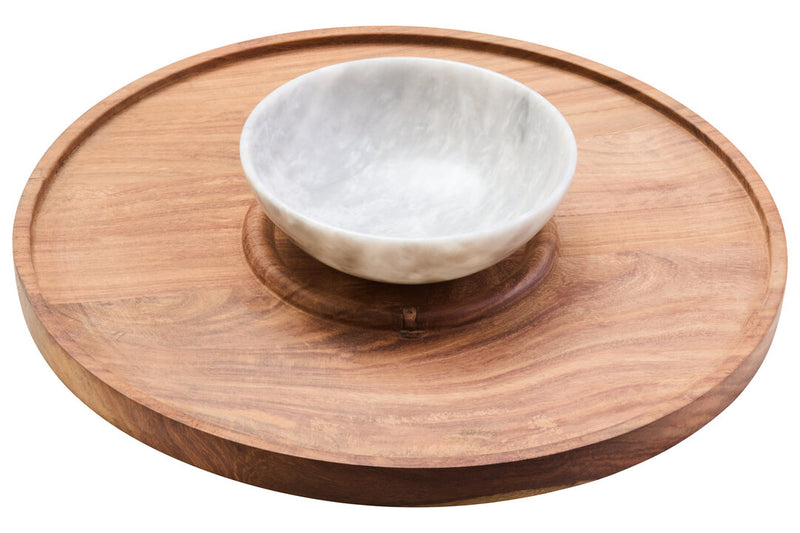Kora Acacia Wood And White Marble Chip And Dip Platter