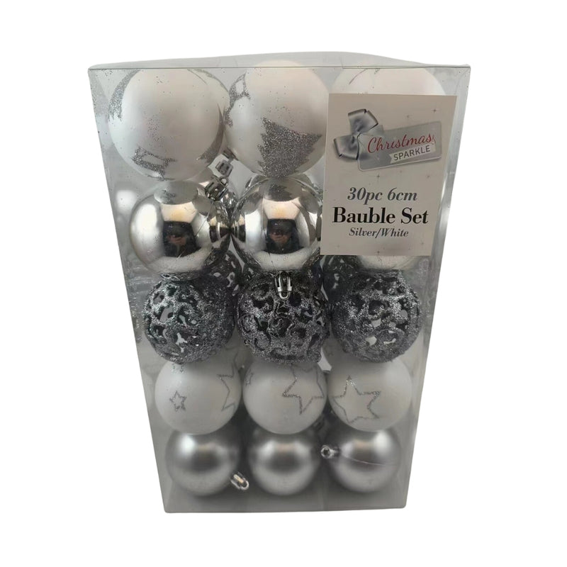 Christmas Sparkle Bauble Box of 30 - Silver & White