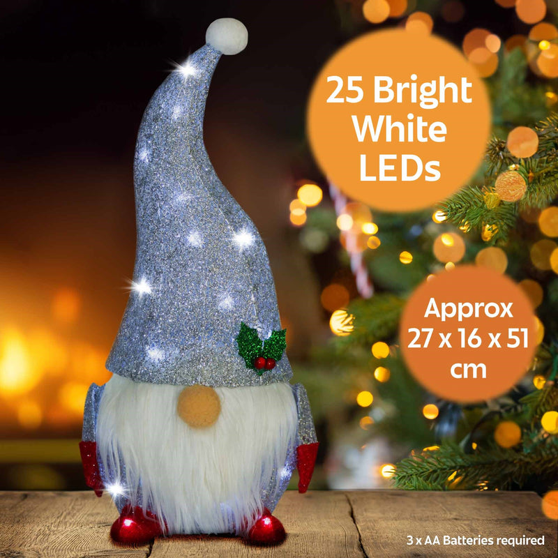 Christmas Sparkle Glitter Gonk with 25 Bright White Lights - Silver