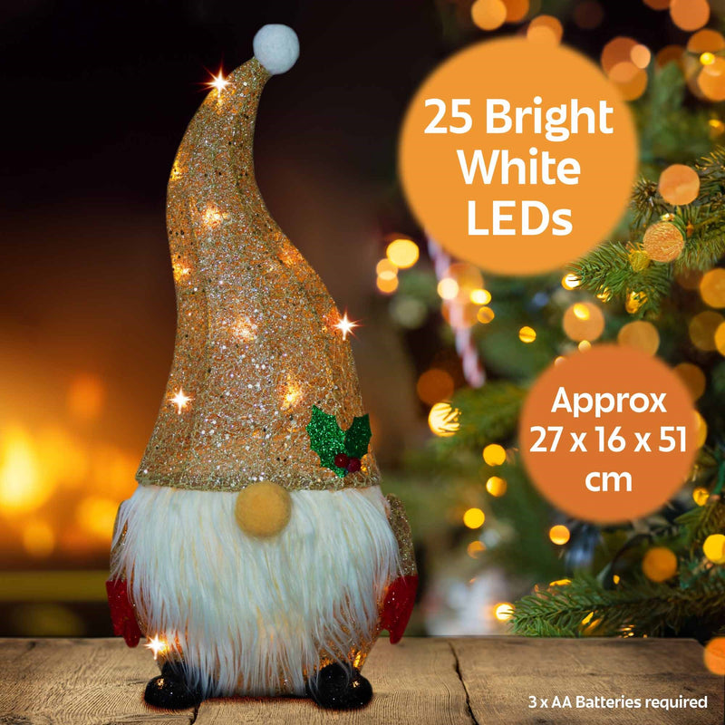 Christmas Sparkle Glitter Gonk with 25 Bright White Lights - Champagne