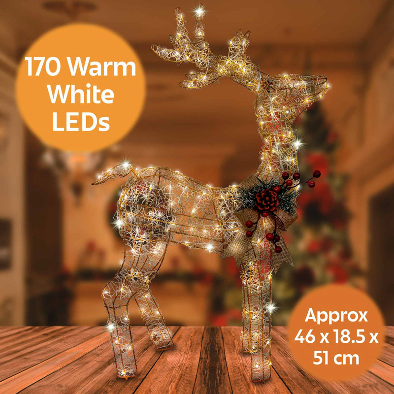 Christmas Sparkle Rattan Reindeer with Champagne Bow with 170 Warm White Lights - Gold