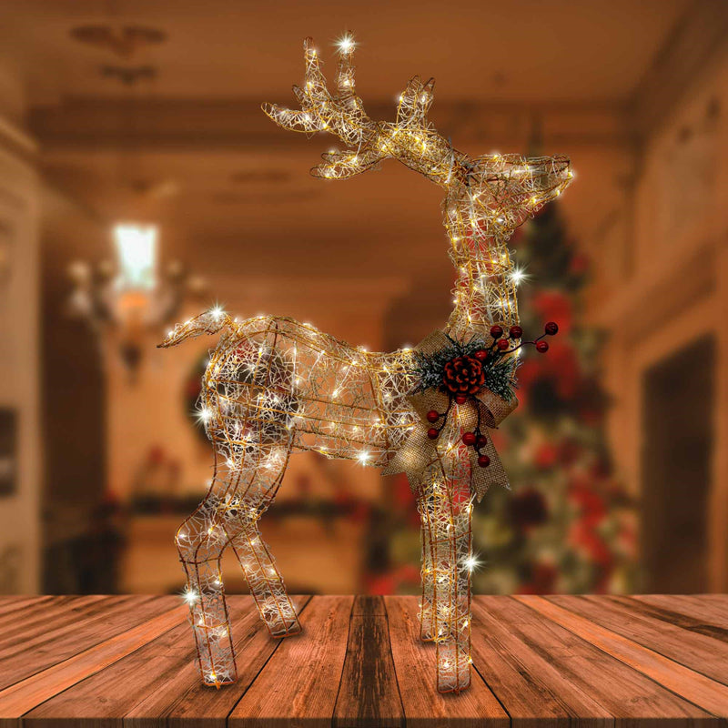 Christmas Sparkle Rattan Reindeer with Champagne Bow with 170 Warm White Lights - Gold