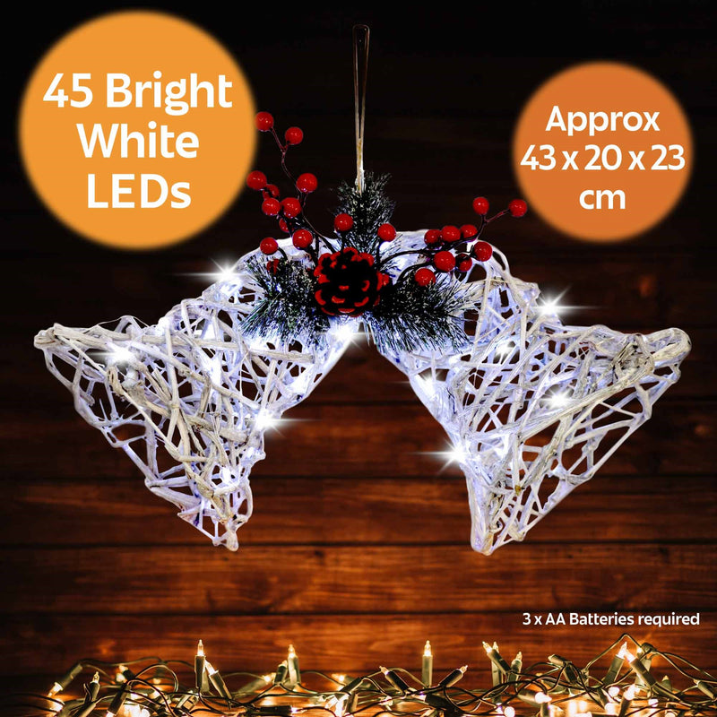 Christmas Sparkle Rattan Christmas Bells with 45 Warm White Lights - White