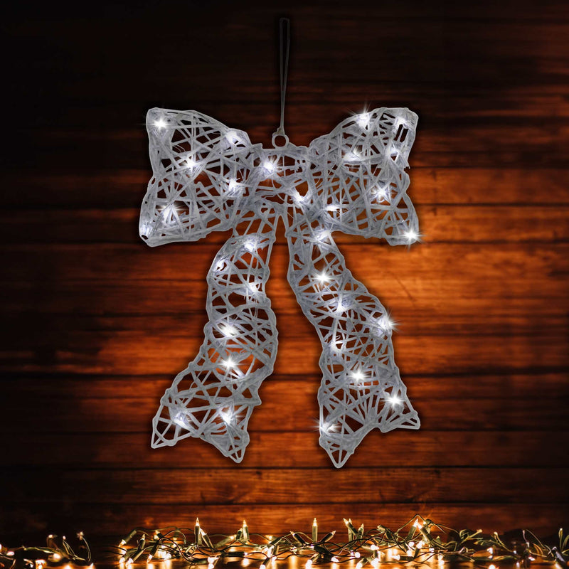 Christmas Sparkle Rattan Bow with 35 Warm White Lights - White