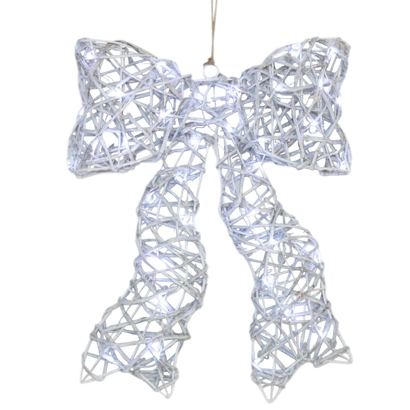 Christmas Sparkle Rattan Bow with 35 Warm White Lights - White