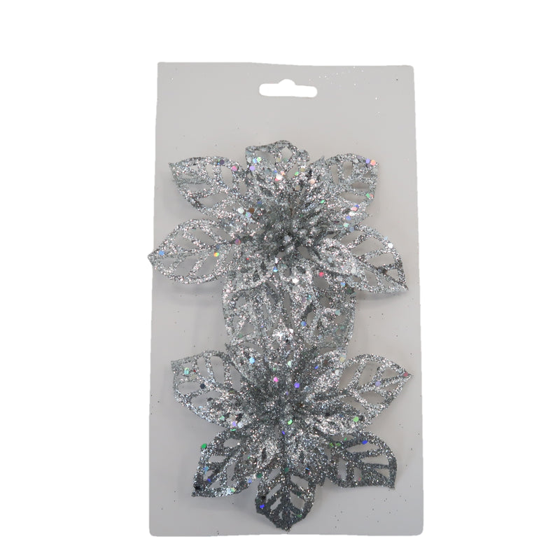 Christmas Sparkle Glitter Poinsettia Decoration 13cm with Clips Pack of 2 - Silver