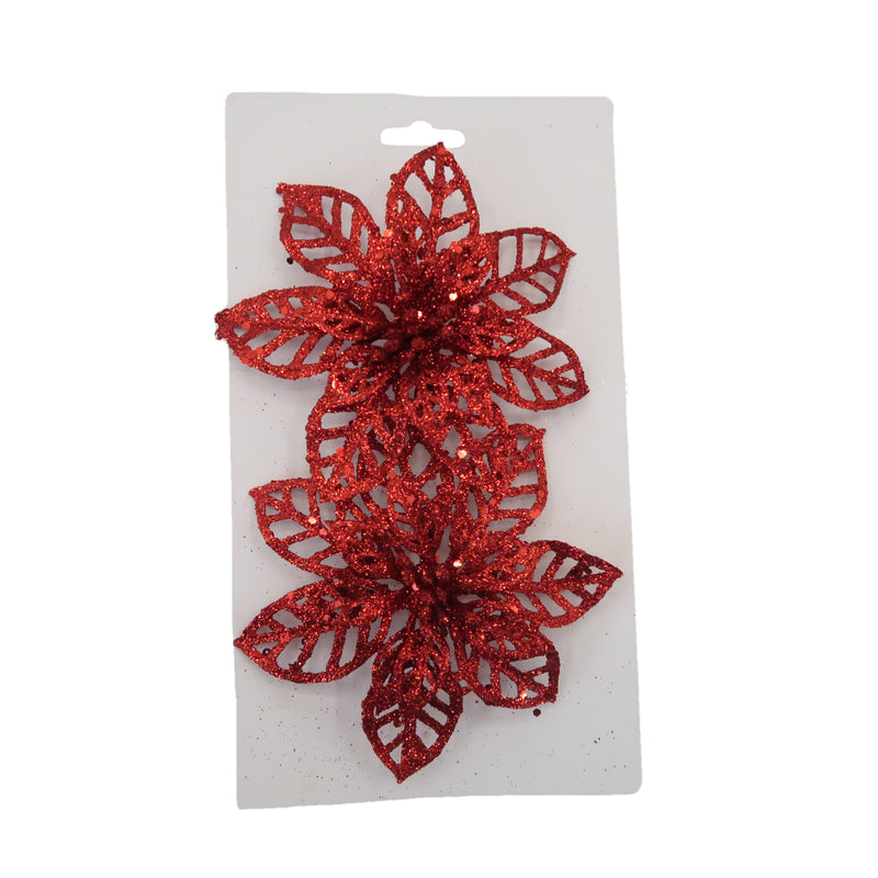 Christmas Sparkle Glitter Poinsettia Decoration 13cm with Clips Pack of 2 - Red