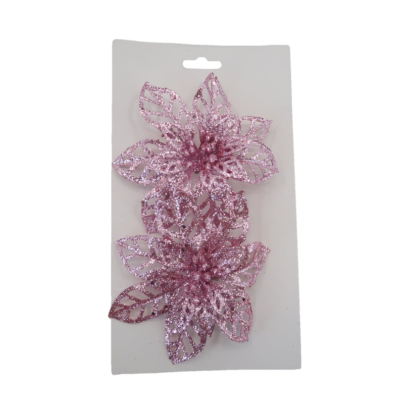Christmas Sparkle Glitter Poinsettia Decoration 13cm with Clips Pack of 2 - Blush Pink