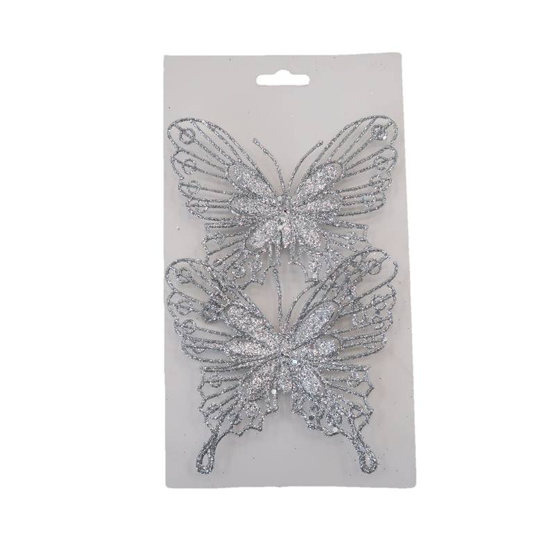 Christmas Sparkle Butterfly Decoration with Clips Pack of 2 - Silver