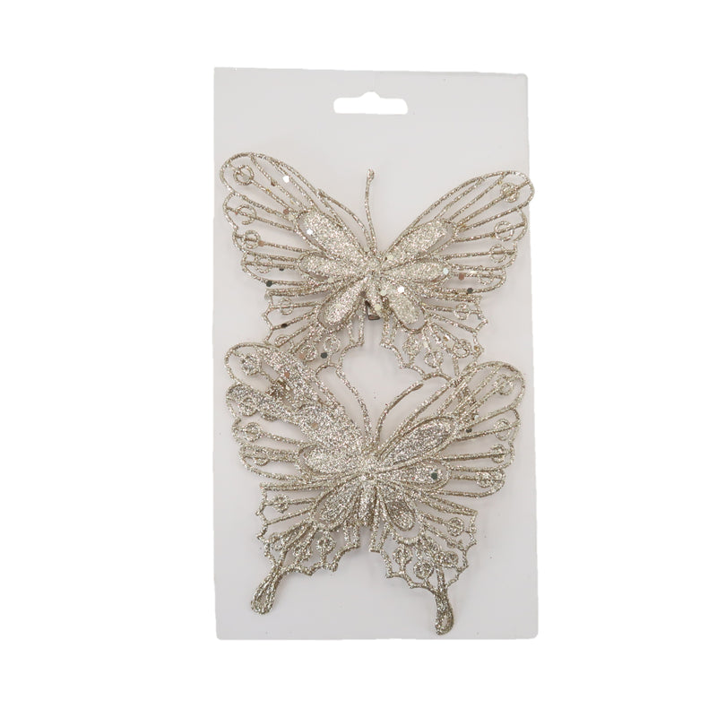 Christmas Sparkle Butterfly Decoration with Clips Pack of 2 - Champagne